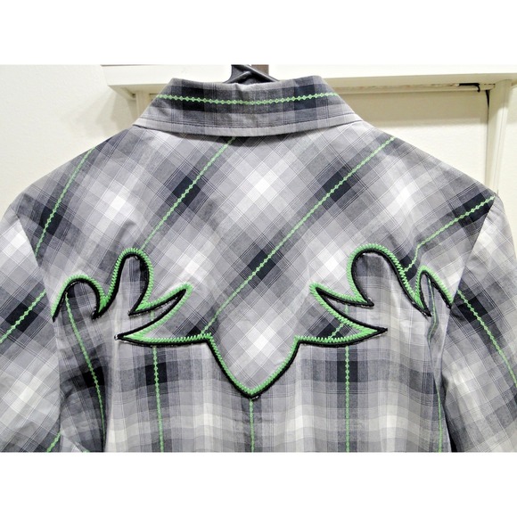 Cruel Girl Women's Western Shirt XL Black Green Plaid Pearl Snap Rodeo Top‎ - Picture 6 of 9